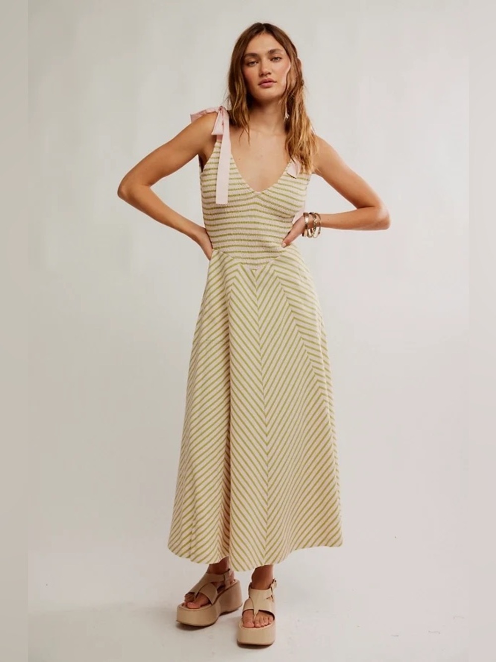 NWT Free People Cecelia Stripe Tie Shoulder Midi Dress Size XS